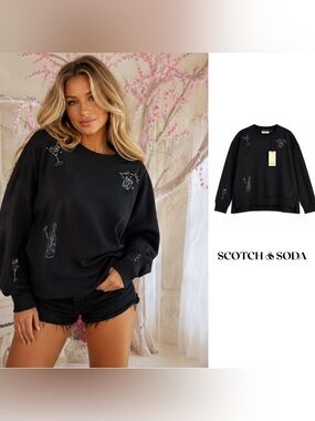 NEW Scotch & Soda Black Embroidered Cocktail Crew Sweatshirt